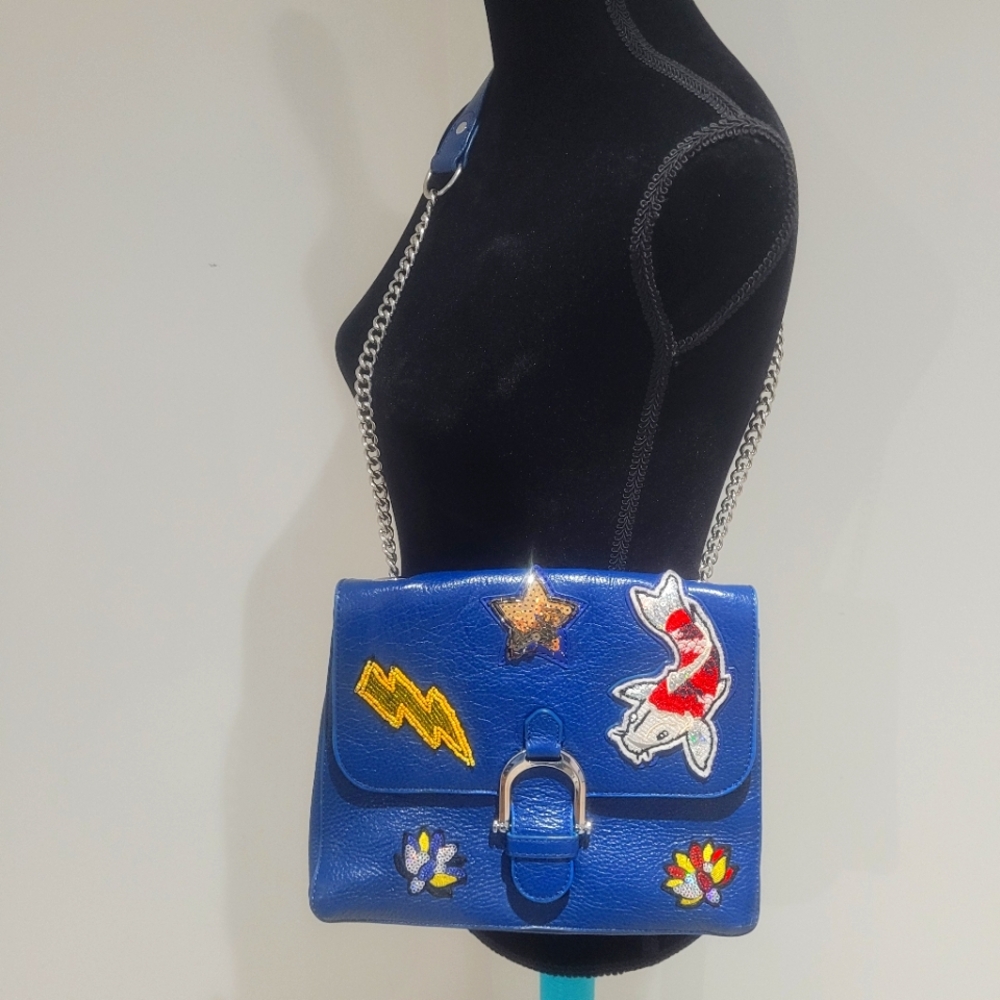 Sam Edelman Women's Asher Sequin Leather Chain Strap Crossbody Bag Graphics Blue